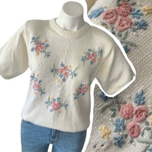 v i n t a g e :: Whimsy Floral Embroidered Eyelet Knit Sweater Pearls